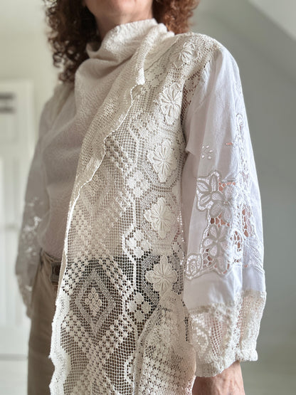 Vivianne Jacket with Upcycled Vintage Cut Lace Cotton & Crochet Boho Draperies & Crochet  Size M/L #CVCJML100