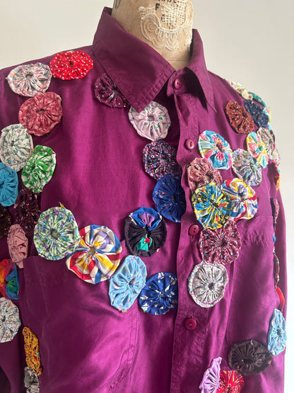 Vintage Silk Blouse with YoYo Quilt Appliqué Size XL #YOYO2