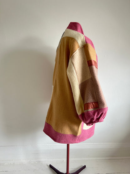 Vivianne Jacket with Upcycled Vintage Wool Patchwork & Leather & Wooden Toggles Size XL/2X #CVJWX2X56