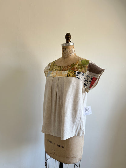 Peony Top - One of a Kind Upcycled & Vintage Cut Lace Cotton & Linen Size L #PEO16
