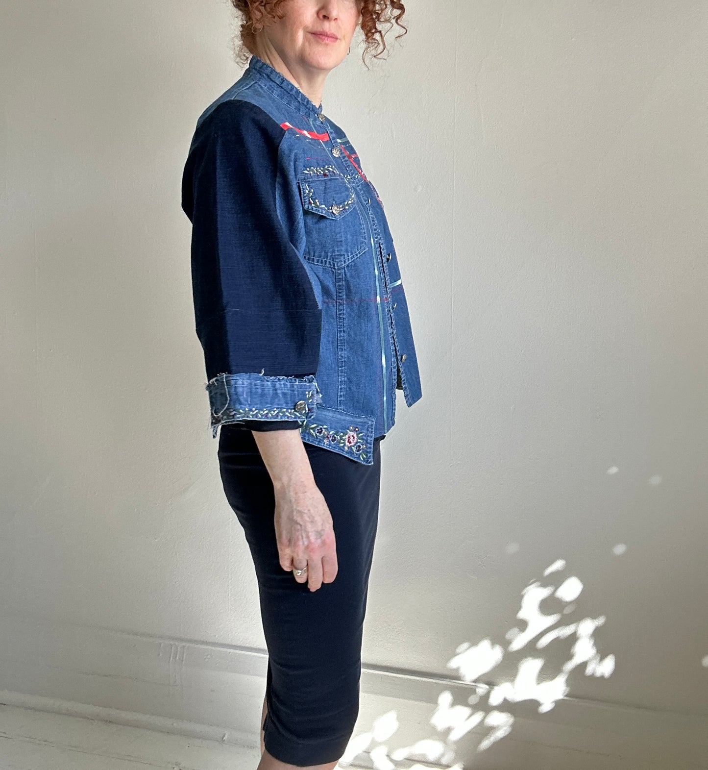 Ellis Reclaimed Patchwork Denim Shirt with Handstitching & Hand Dyed Twill Ribbon S/M #ELL16