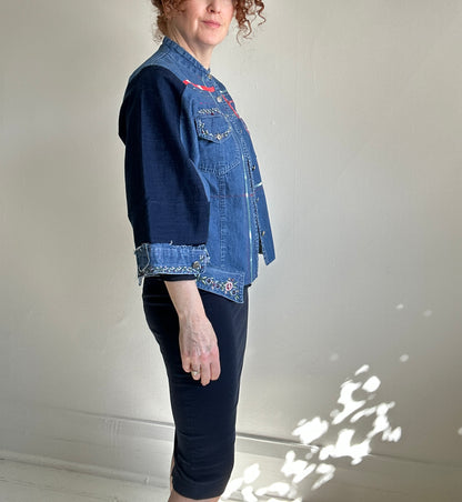 Ellis Reclaimed Patchwork Denim Shirt with Handstitching & Hand Dyed Twill Ribbon S/M #ELL16