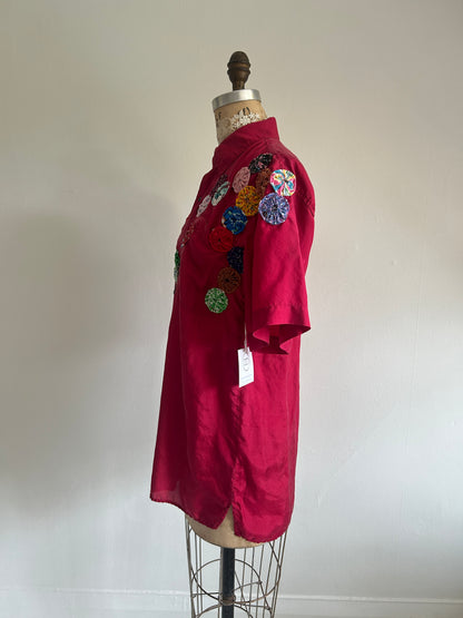 Vintage Silk Blouse with YoYo Quilt Appliqué Size M/L #YOYO3