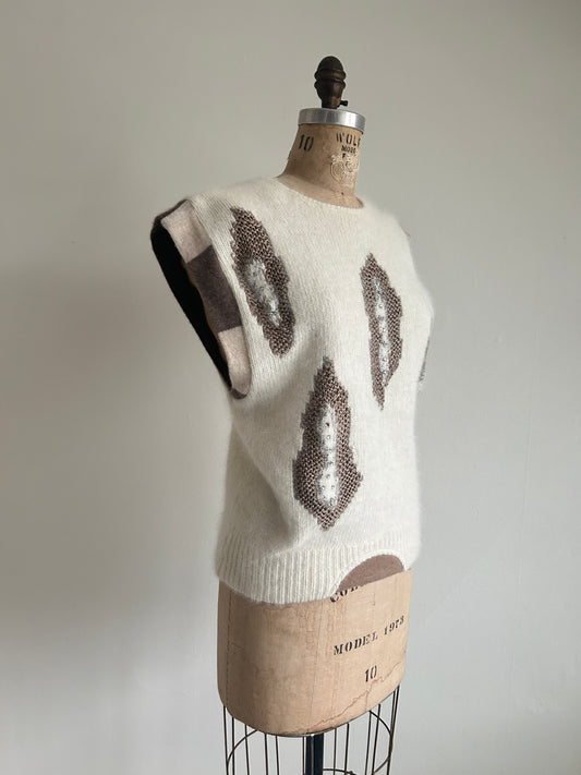 Abstract Art Patched Upcycled Vintage Lambswool, Angora & Cashmere Beaded Vest Size M/L #CAVML29