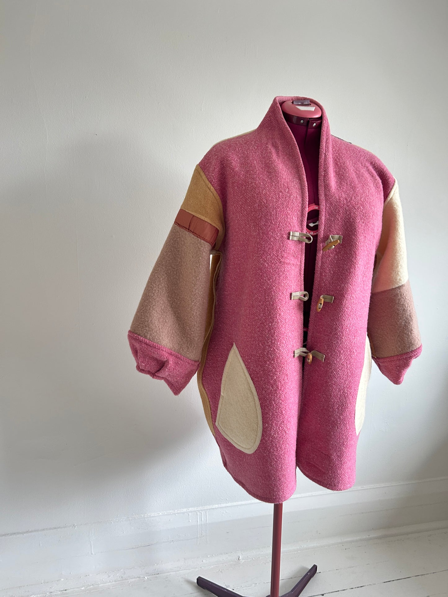 Vivianne Jacket with Upcycled Vintage Wool Patchwork & Leather & Wooden Toggles Size XL/2X #CVJWX2X56