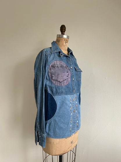 Upcycled Modern Workwear Denim Shirt - Circle Series Size S/M #DBSM5