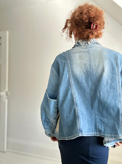 Vivianne Cropped Upcycled Woven Denim Jacket Size XL/2X #CVCDX2X101