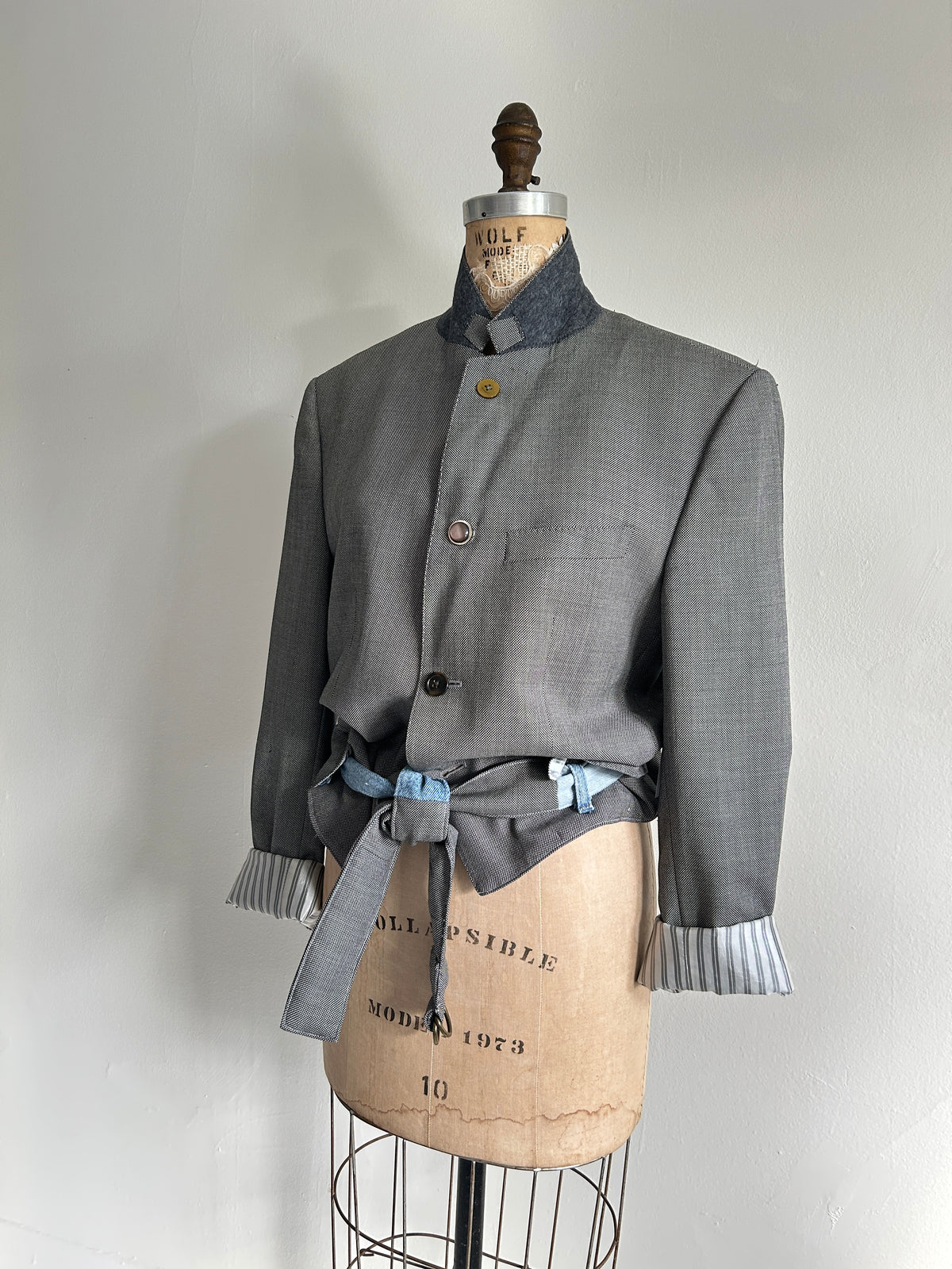 Cropped Upcycled Club Monaco Wool Blazer with Denim Belt Size M/L #BLAZML2
