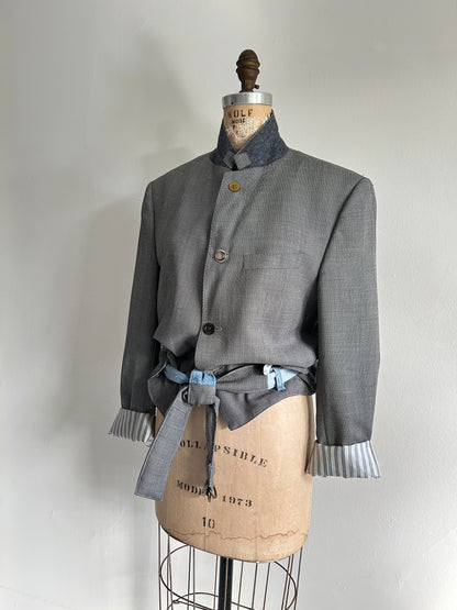 Cropped Upcycled Club Monaco Wool Blazer with Denim Belt Size M/L #BLAZML2