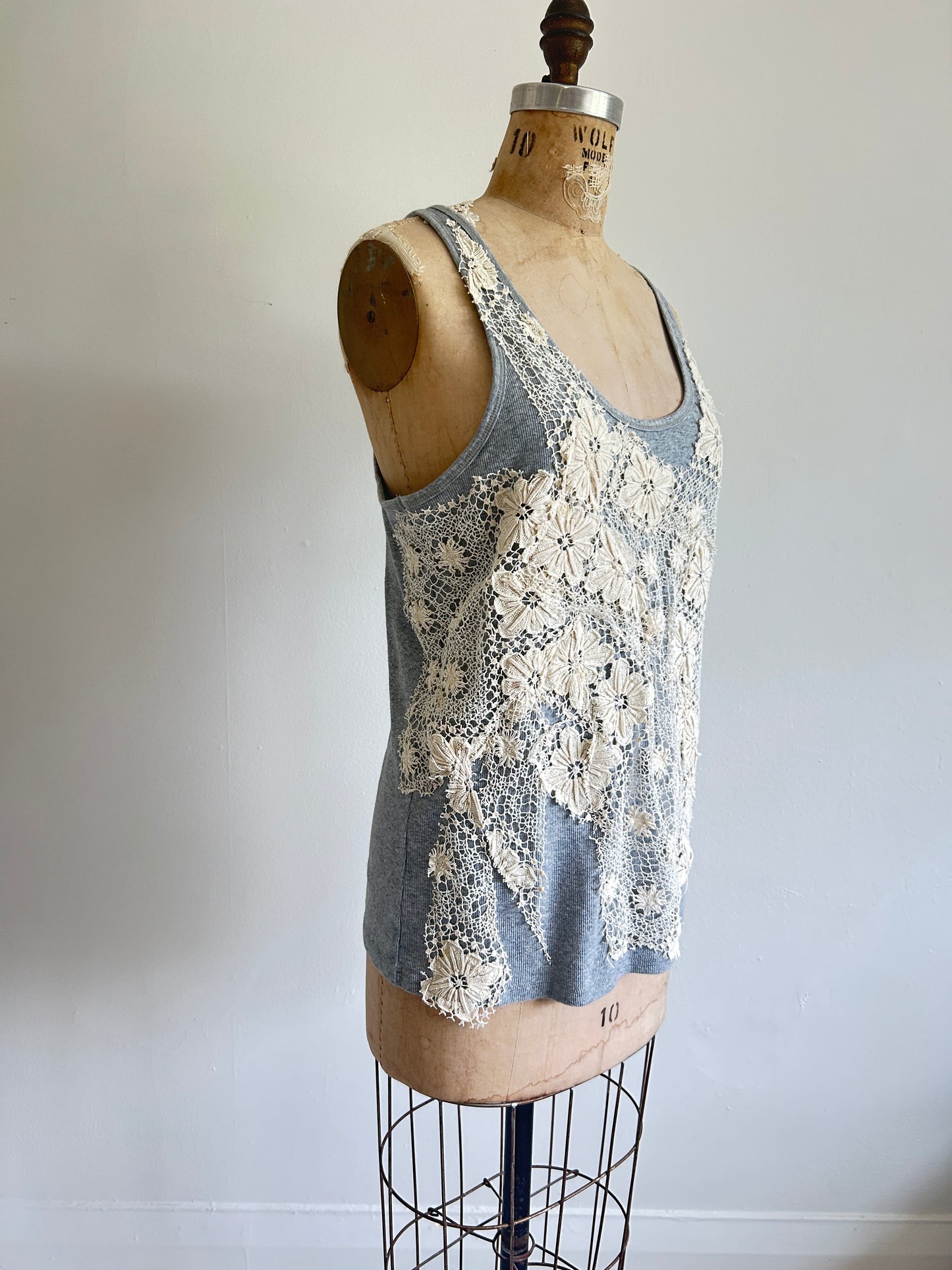 Upcycled Vintage Lace Tank with built in sports bra L/XL #TANK1