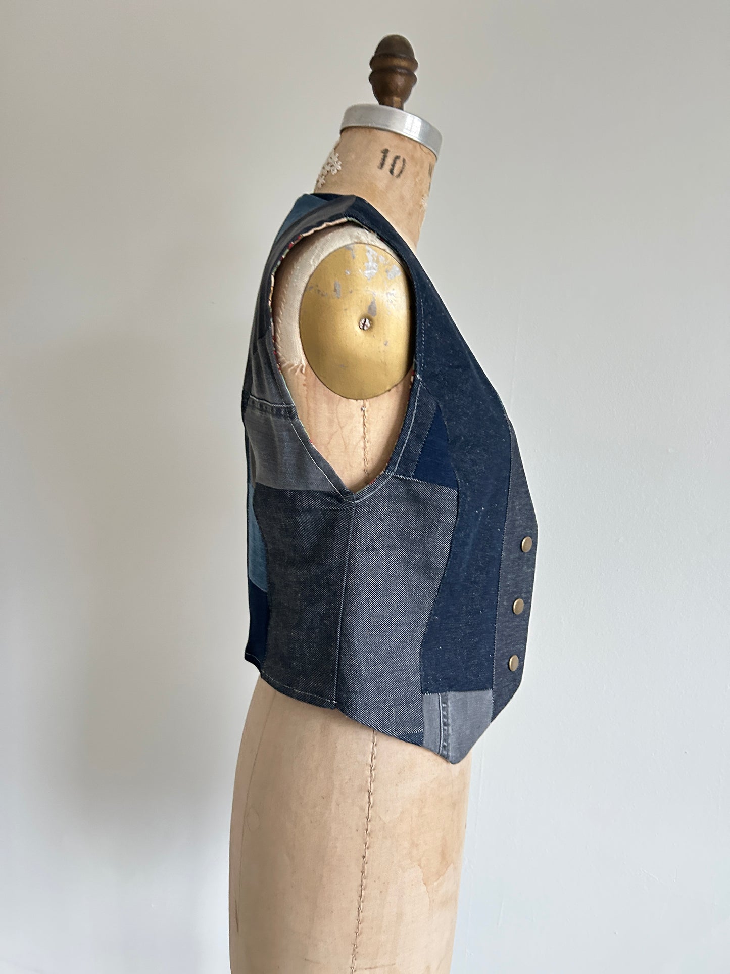 Leni Reclaimed Patchwork Denim Vest with Cotton Lining XS #DVXS12