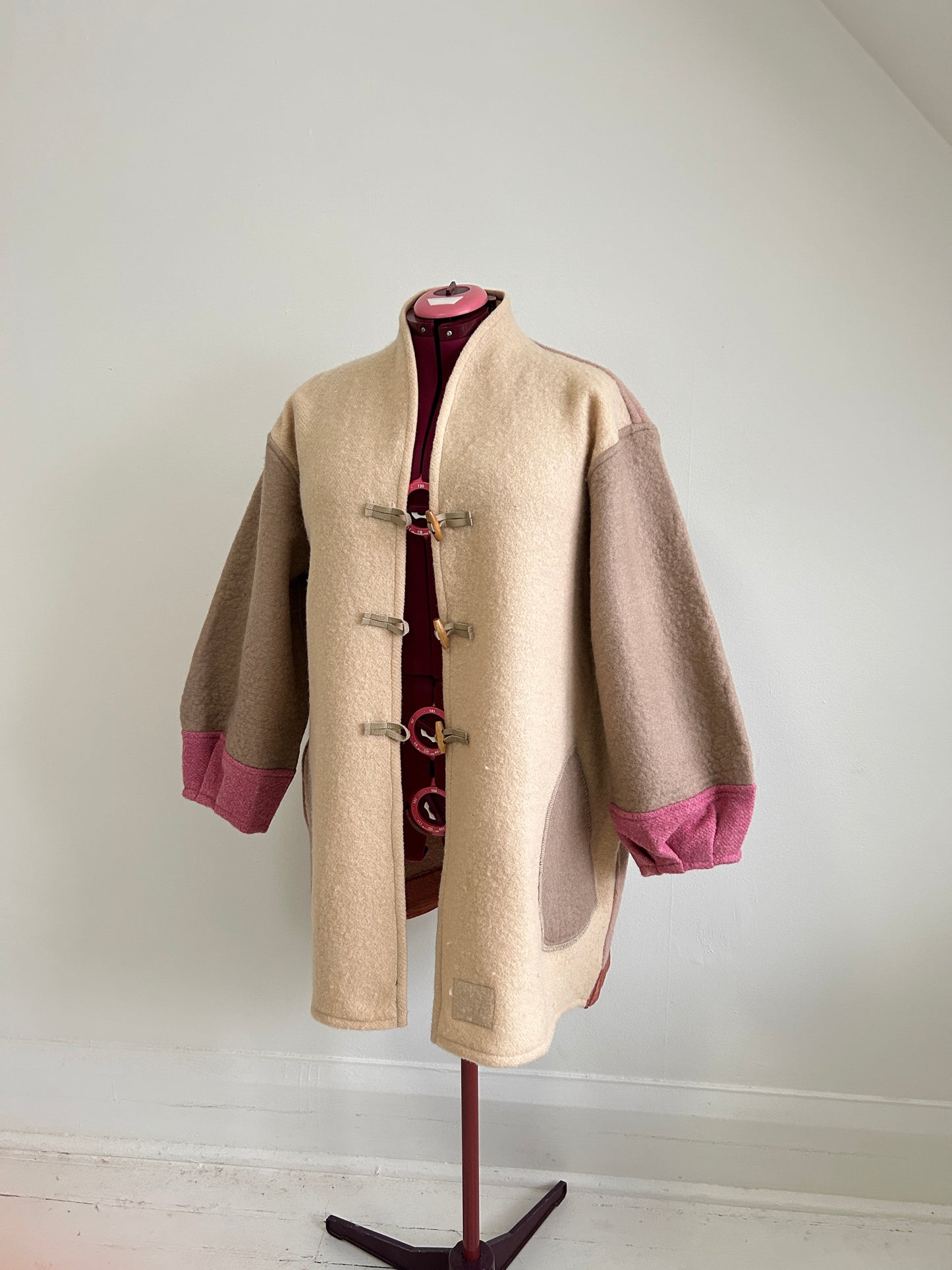 Vivianne Jacket with Upcycled Vintage Wool Blanket & Leather & Wooden Toggles Size 2X/3X #CVJW23X32