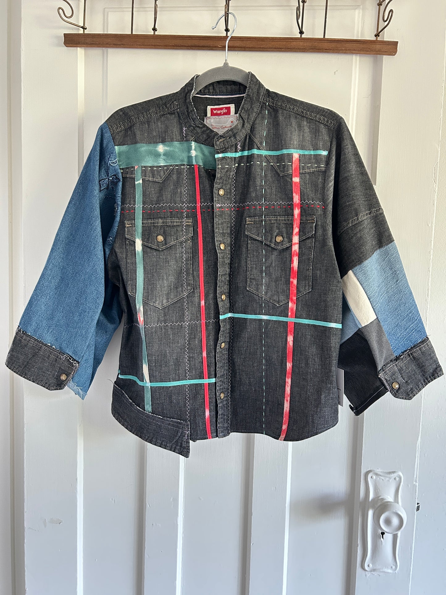 Ellis Reclaimed Patchwork Wrangler Denim Shirt with Handstitching & Hand Dyed Twill Ribbon M/L #ELL9