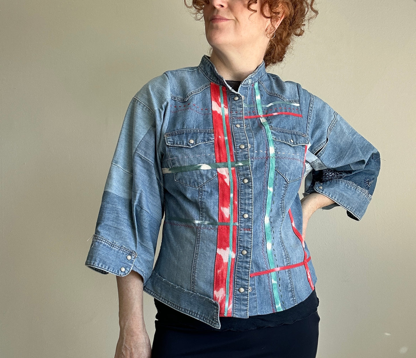 Ellis Reclaimed Patchwork Denim Shirt with Handstitching & Hand Dyed Twill Ribbon S/M #ELL15