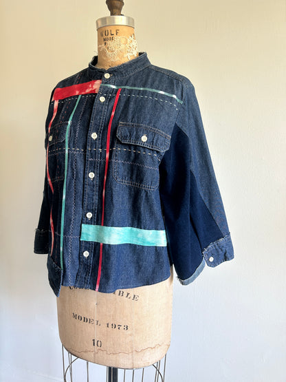 Ellis Reclaimed Patchwork Denim Shirt with Handstitching & Hand Dyed Twill Ribbon L/XL #ELL2