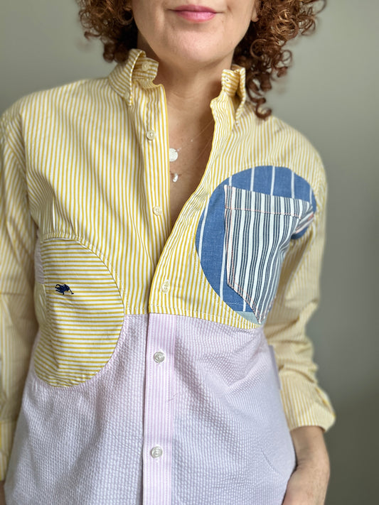 Upcycled Modern Workwear Pinstripe Shirt - Circle Series Size L/XL #PIN15