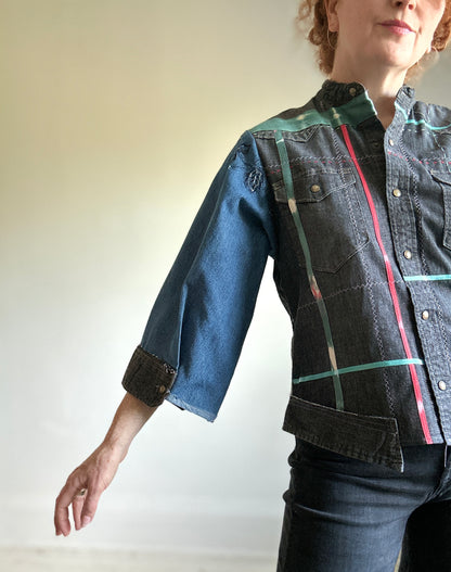 Ellis Reclaimed Patchwork Wrangler Denim Shirt with Handstitching & Hand Dyed Twill Ribbon M/L #ELL9
