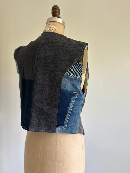 Leni Reclaimed Patchwork Denim Vest with Cotton Lining S/M #LENI5