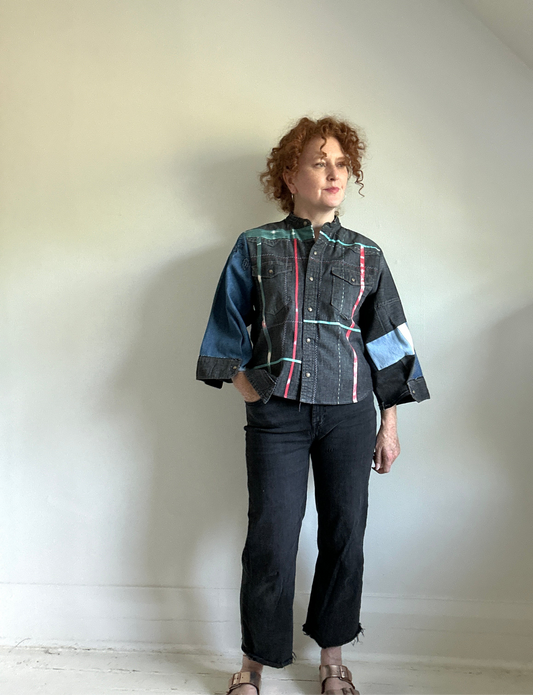 Ellis Reclaimed Patchwork Wrangler Denim Shirt with Handstitching & Hand Dyed Twill Ribbon M/L #ELL9