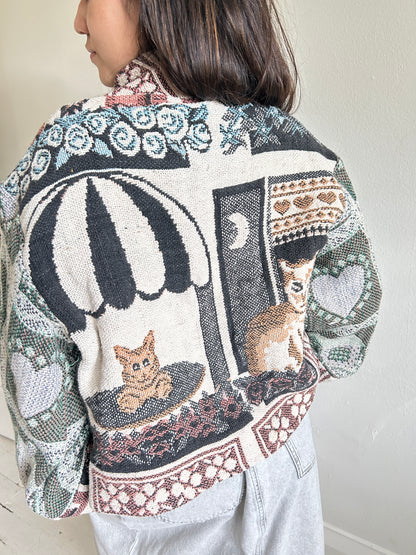 Vivianne Cropped Jacket with Upcycled Cat Themed Throw Blanket Size S/M #VIVT2
