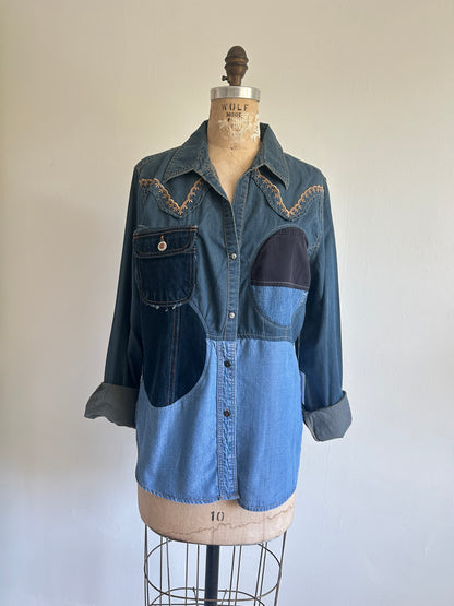 Upcycled Modern Workwear Wrangler Denim Shirt - Circle Series Size M/L #DBML4