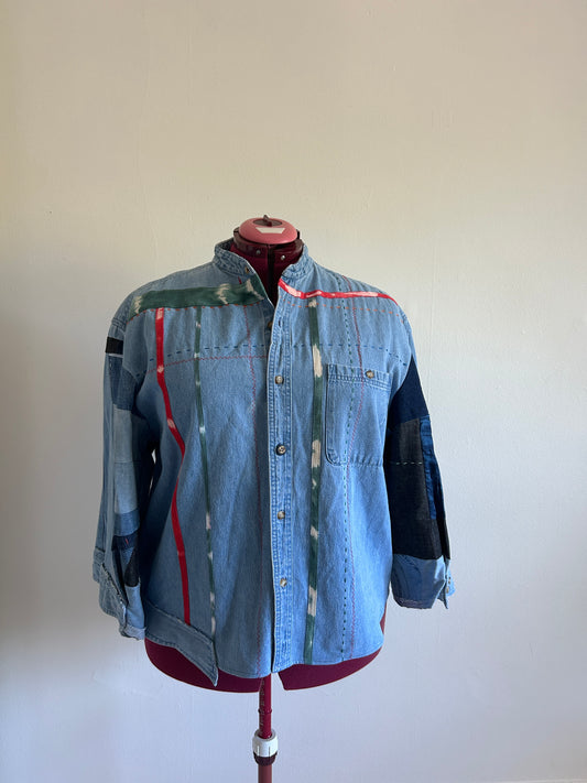 Ellis Reclaimed Patchwork Wrangler Denim Shirt with Handstitching & Hand Dyed Twill Ribbon 2X/3X #ELL6