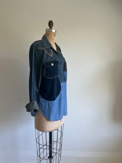 Upcycled Modern Workwear Wrangler Denim Shirt - Circle Series Size M/L #DBML4