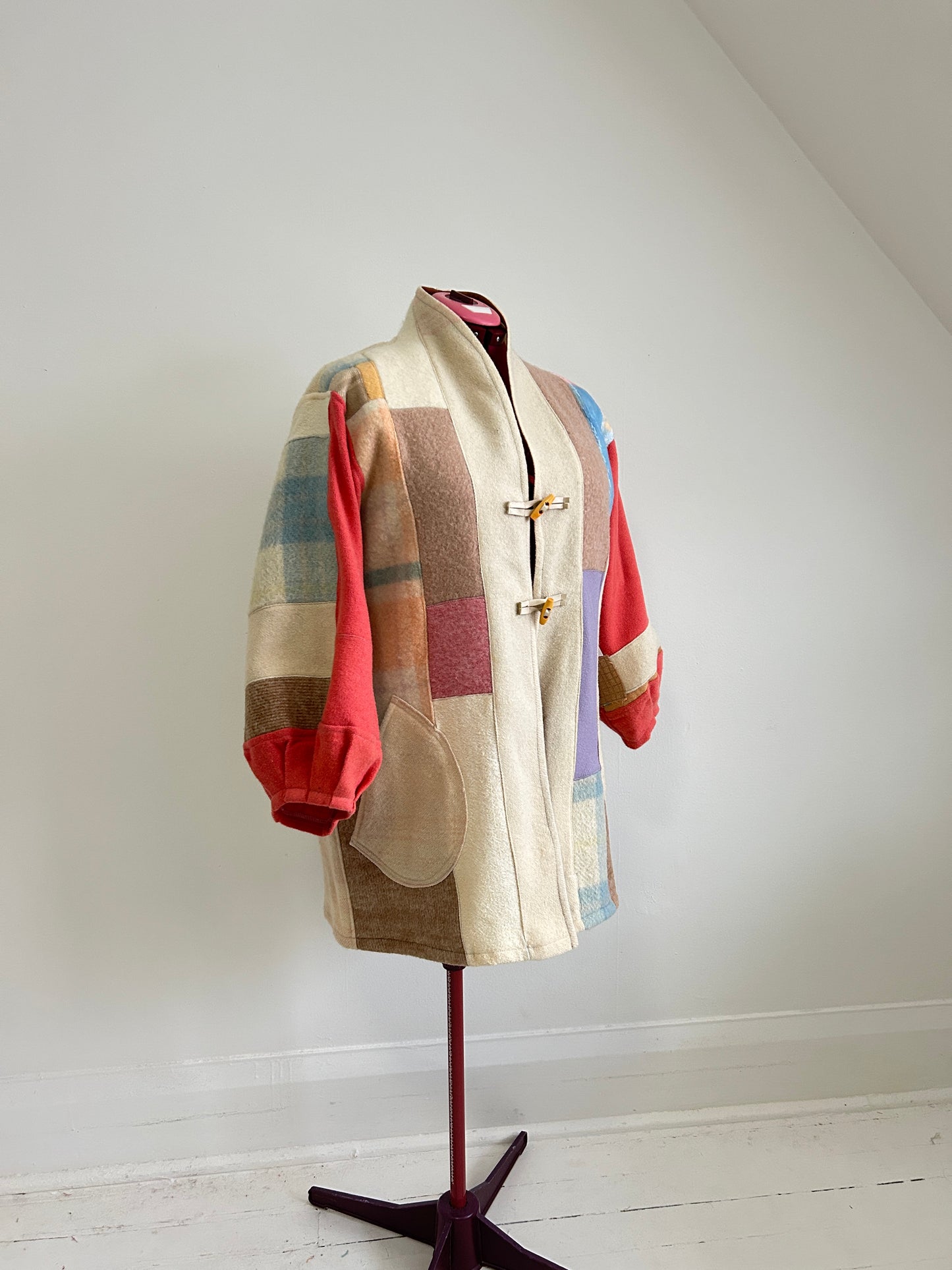 Vivianne Jacket with Upcycled Vintage Wool Patchworked Blanket & Leather & Wooden Toggles Size XL/2X #CVJWX2X31