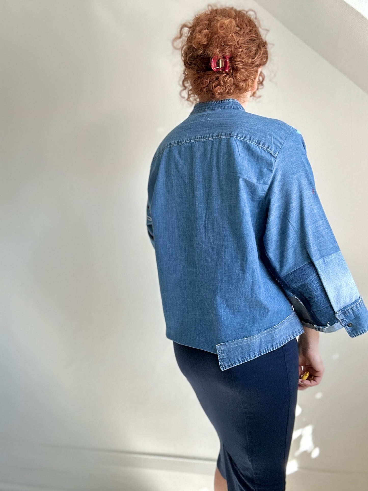 Ellis Reclaimed Patchwork Wrangler Denim Shirt with Handstitching & Hand Dyed Twill Ribbon XL/2X #ELL1