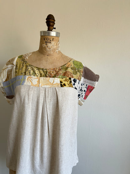 Peony Top - One of a Kind Upcycled & Vintage Cut Lace Cotton & Linen Size L #PEO16