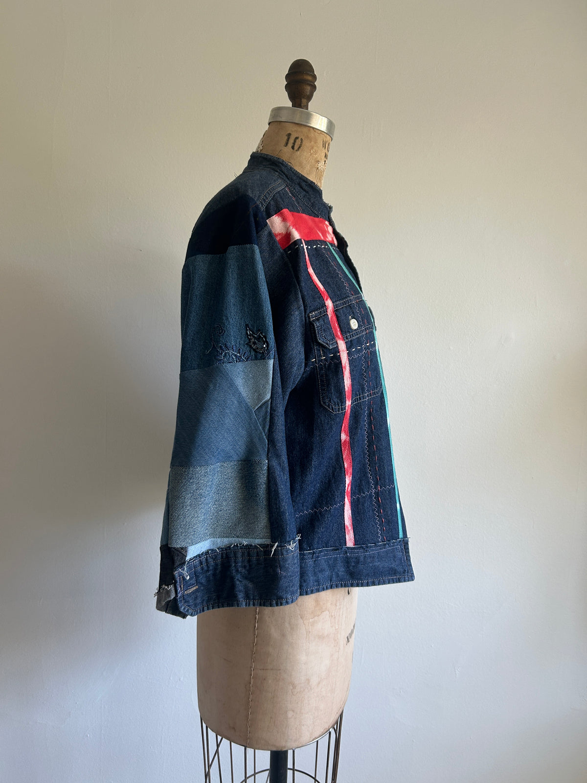 Ellis Reclaimed Patchwork Denim Shirt with Handstitching & Hand Dyed Twill Ribbon L/XL #ELL2
