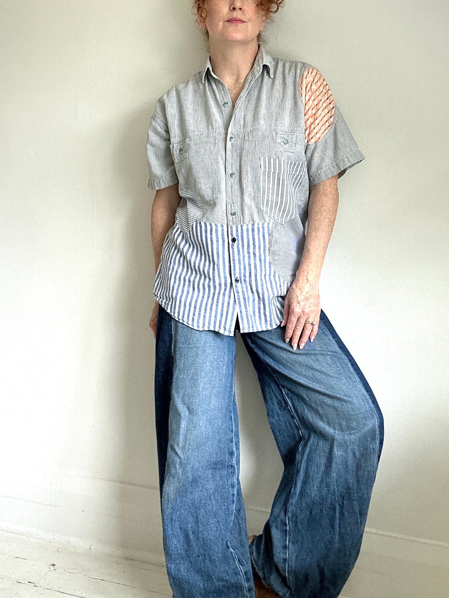 Upcycled Modern Workwear Cotton Shirt - Circle & Squares Series Size S/M #PIN14