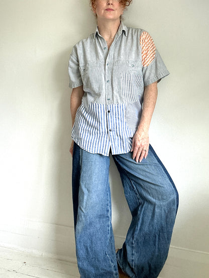 Upcycled Modern Workwear Cotton Shirt - Circle & Squares Series Size S/M #PIN14