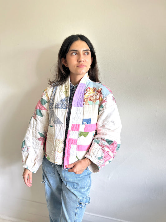 Vivianne Cropped Jacket ET Theme Upcycled Patchworked with Vintage Quilts Size S/M #VIVQ1