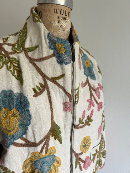 Billie Zip Up Cropped Jacket with Upcycled Vintage Crewel Wool Draperies Size M/L #BILLMLCR11