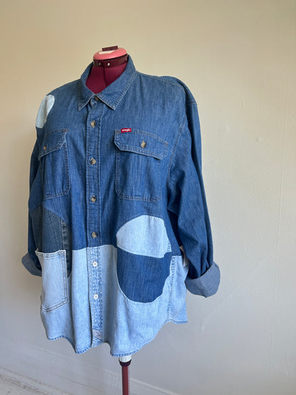 Upcycled Modern Workwear Wrangler Denim Shirt - Circle Series Size 2X/3X #DEN3X6