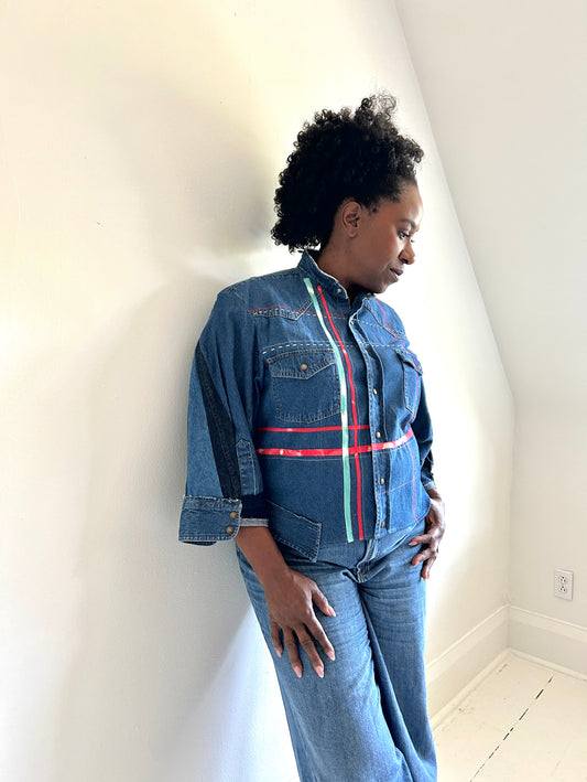 Ellis Reclaimed Patchwork Dickies Denim Shirt with Handstitching & Hand Dyed Twill Ribbon XL/2X #ELL10