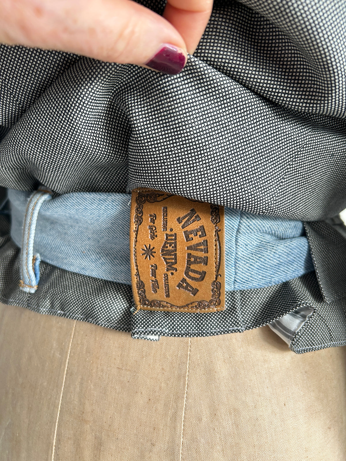 Cropped Upcycled Club Monaco Wool Blazer with Denim Belt Size M/L #BLAZML2