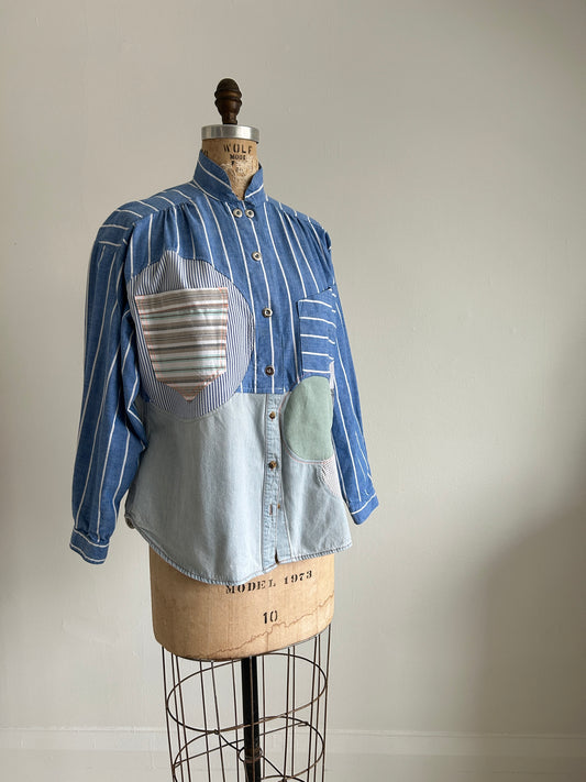 Upcycled Modern Workwear Pinstripe Shirt - Circle Series Size L/XL #PIN16