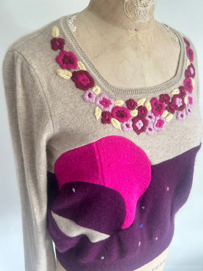 Needlefelted, Embroidered and Circle Patched Confetti Cashmere Sweater XL/2X #CASHSM2