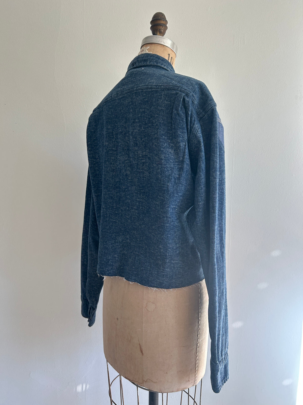 Upcycled Modern Workwear Cropped Denim Shirt - Circle Series Size L/XL #DENLXL2
