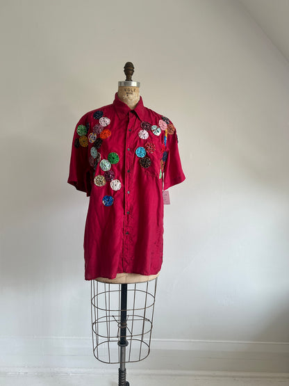 Vintage Silk Blouse with YoYo Quilt Appliqué Size M/L #YOYO3
