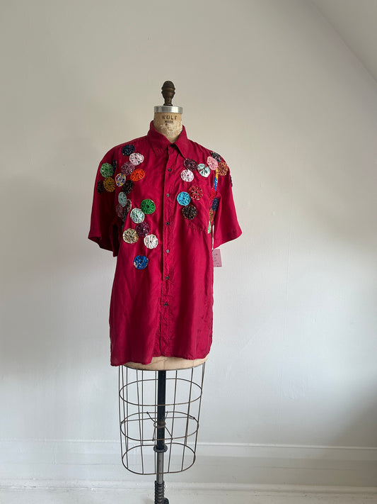 Vintage Silk Blouse with YoYo Quilt Appliqué Size M/L #YOYO3