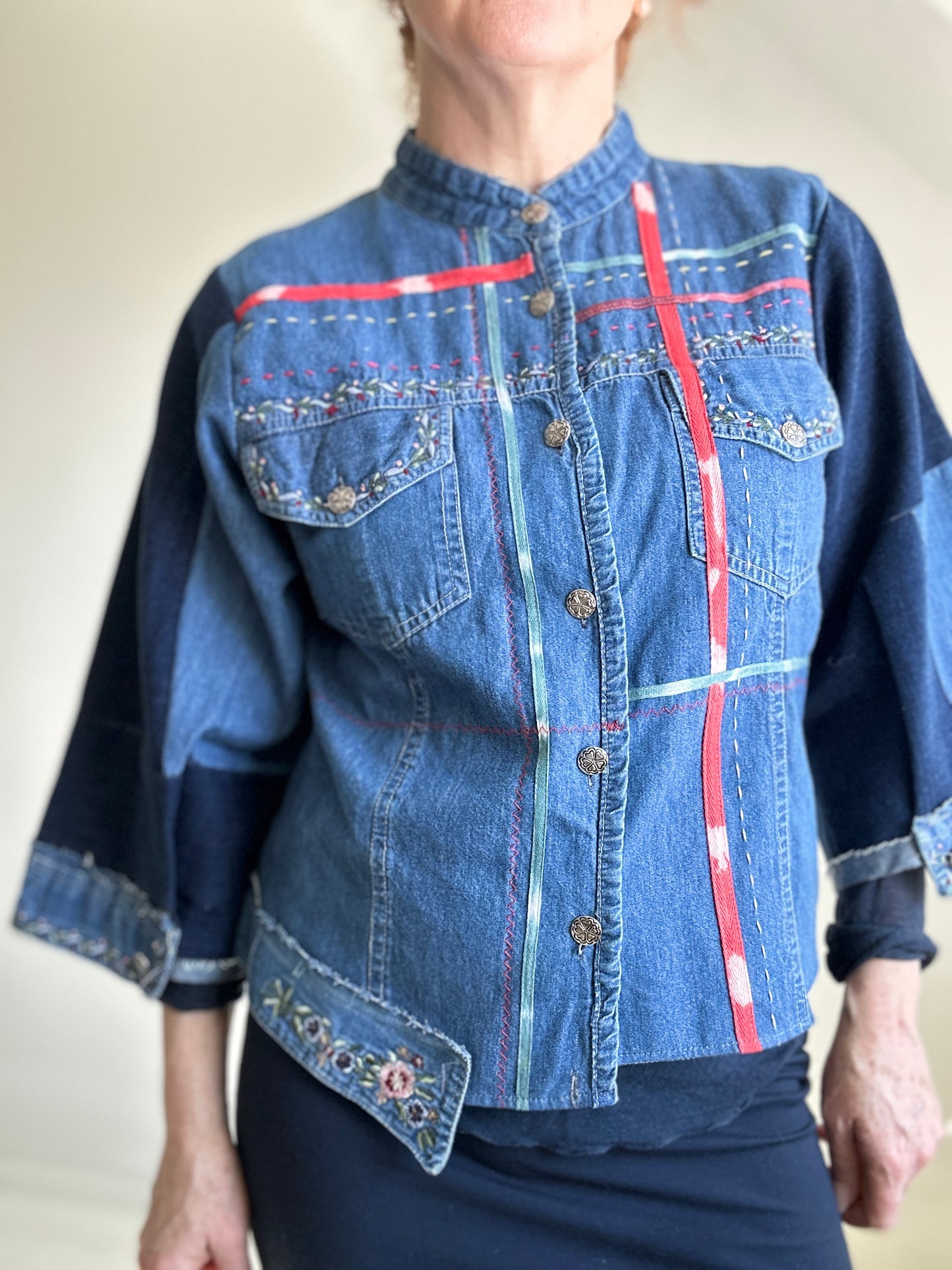 Ellis Reclaimed Patchwork Denim Shirt with Handstitching & Hand Dyed Twill Ribbon S/M #ELL16