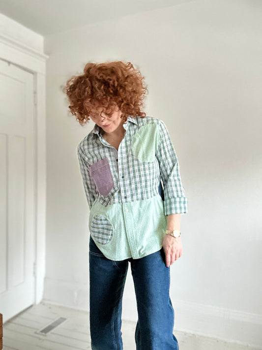 Upcycled Modern Workwear Pinstripe Shirt - Circle Series Size XS/S #PIN5