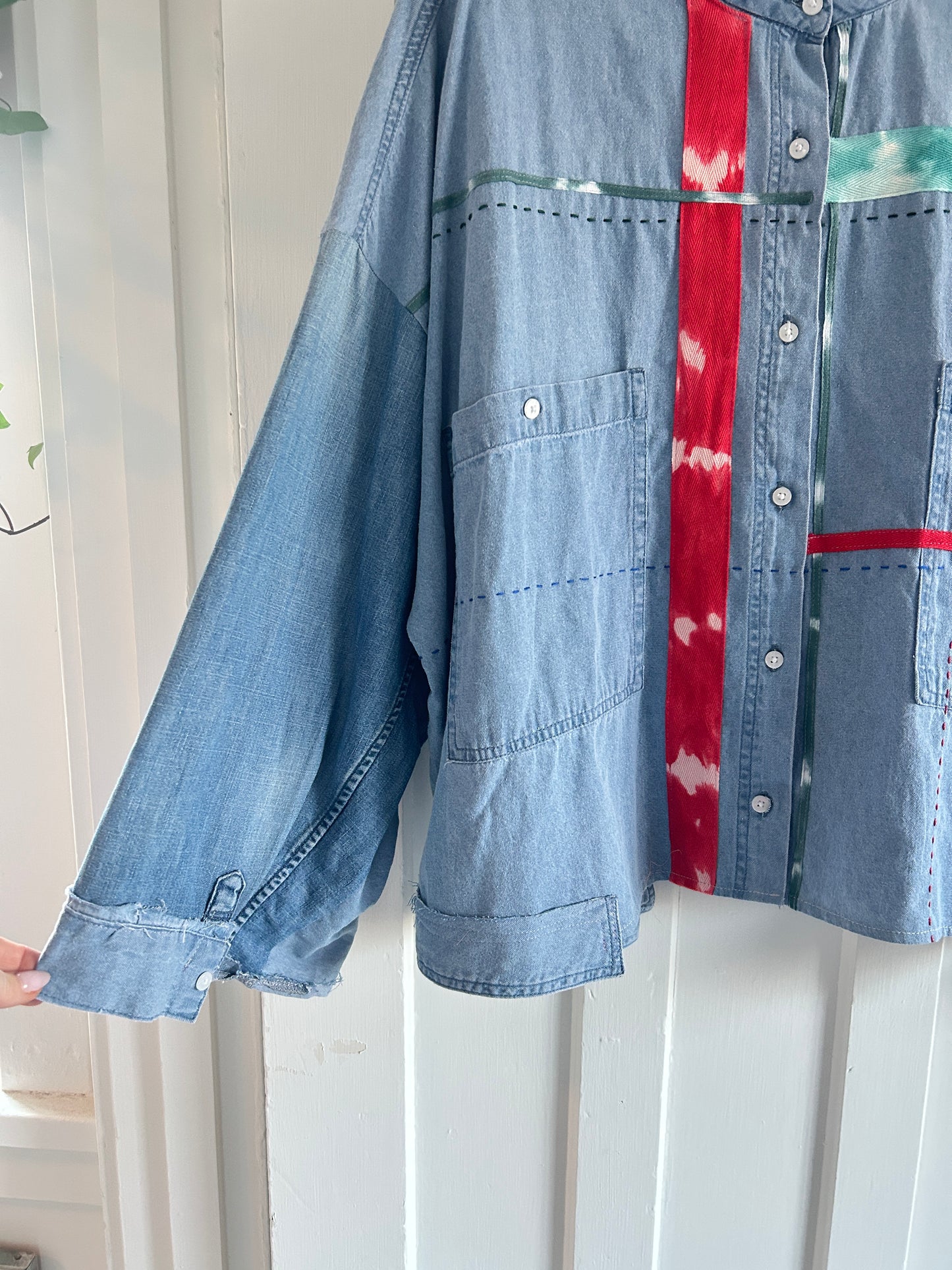 Ellis Reclaimed Patchwork Wrangler Denim Shirt with Handstitching & Hand Dyed Twill Ribbon 3X/4X #ELL11