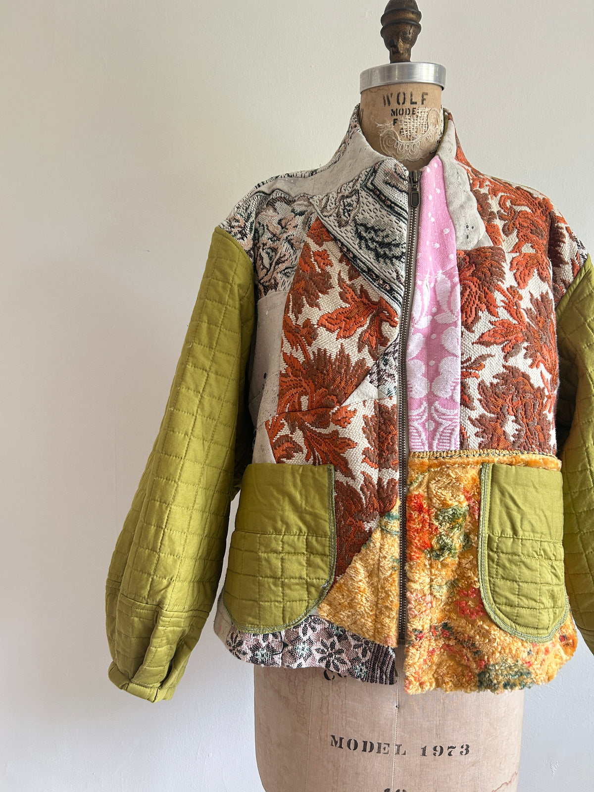 Billie Zip Up Jacket with Upcycled Spliced Scrap Vintage Textiles Size XL/2X #BILLX2XCR