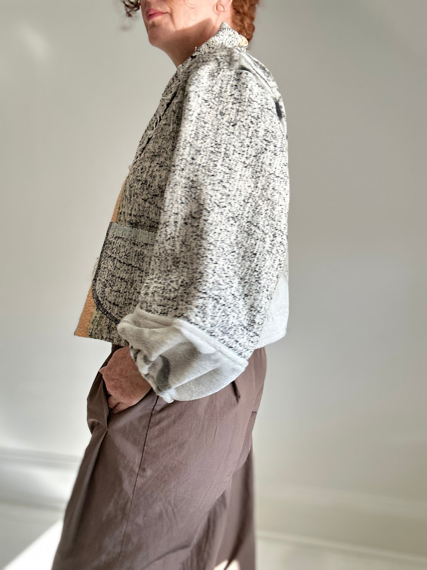 Vivianne Jacket with Upcycled Fleece & Cotton Throw Blanket Wolf Theme Size M/L #CVJTML103