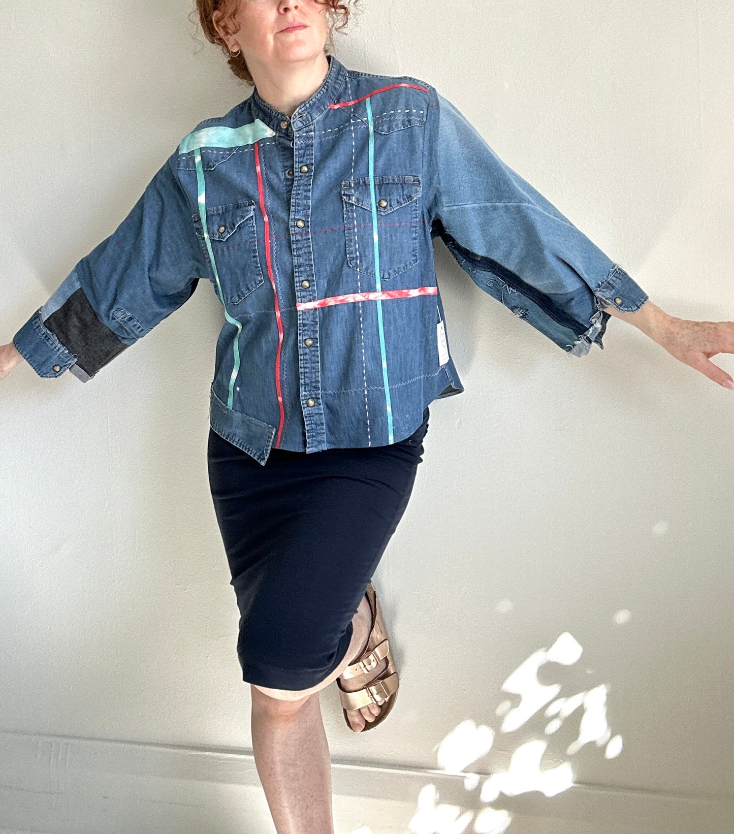Ellis Reclaimed Patchwork Wrangler Denim Shirt with Handstitching & Hand Dyed Twill Ribbon XL/2X #ELL1