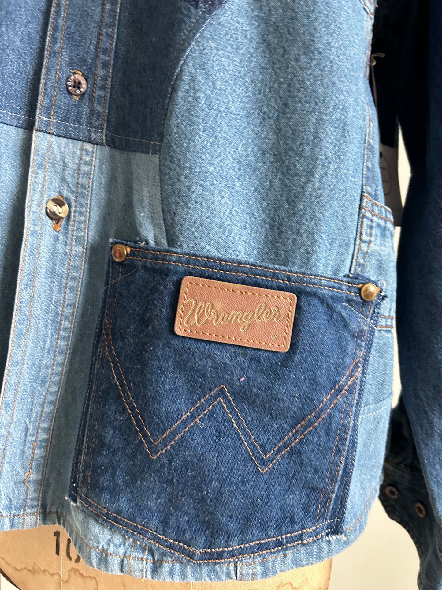 Upcycled Modern Workwear Wrangler Denim Shirt - Circle Series Size L/XL #DBML7